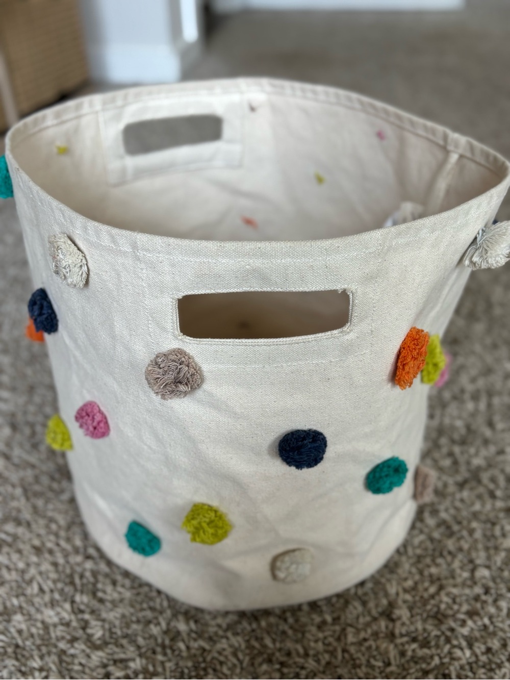 Canvas Dot Storage Basket - Cream with Multicolor Pom Accents mint